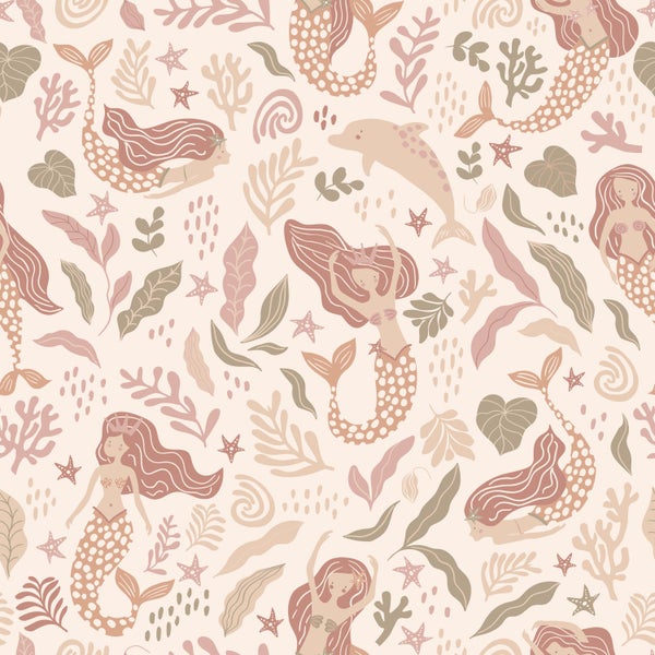 Muster mit Meerjungfrauen, Delfinen, Seesternen und Pflanzen