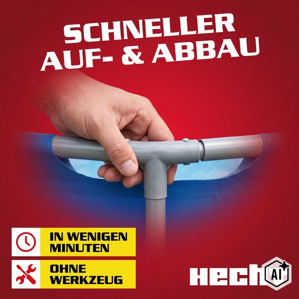 Eine Hand baut das Rahmengestänge eines Hecht Pools zusammen, Text weist auf schnellen Aufbau ohne Werkzeug in wenigen Minuten hin.