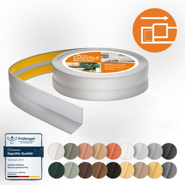 Quest Weichsockelleiste Selbstklebend 30 x 30 mm, PVC, Flexibel, Silber, 15 Meter