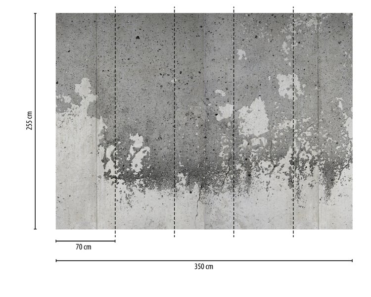 Fototapete in Betonoptik, industrielles Design. Maße: Höhe 255 Zentimeter, Gesamtbreite 350 Zentimeter, 5 Bahnen zu 70 Zentimeter.