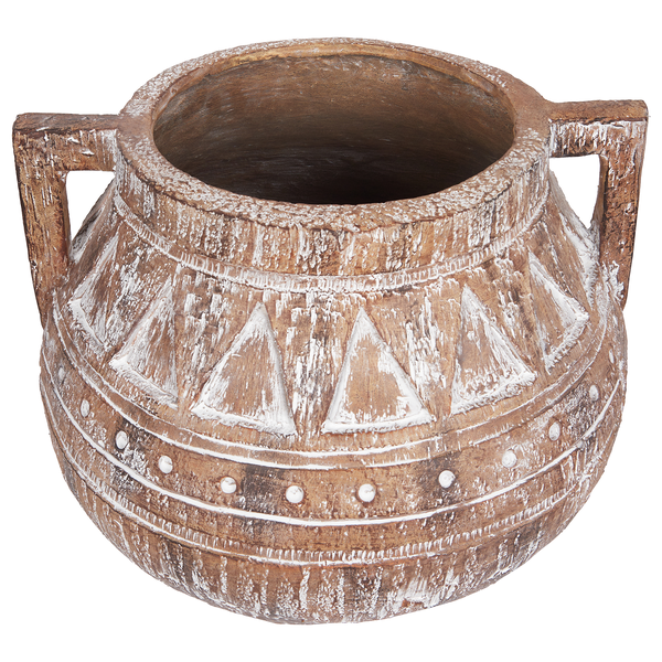 Dekorative Amphore aus Holz mit zwei Henkeln und weißer Musterung