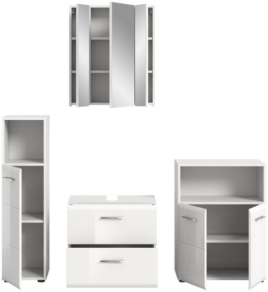 Badezimmermöbel-Set in Weiß bestehend aus dreitürigem Spiegelschrank, Waschbeckenunterschrank mit zwei Schubladen, Hochschrank und Midischrank.