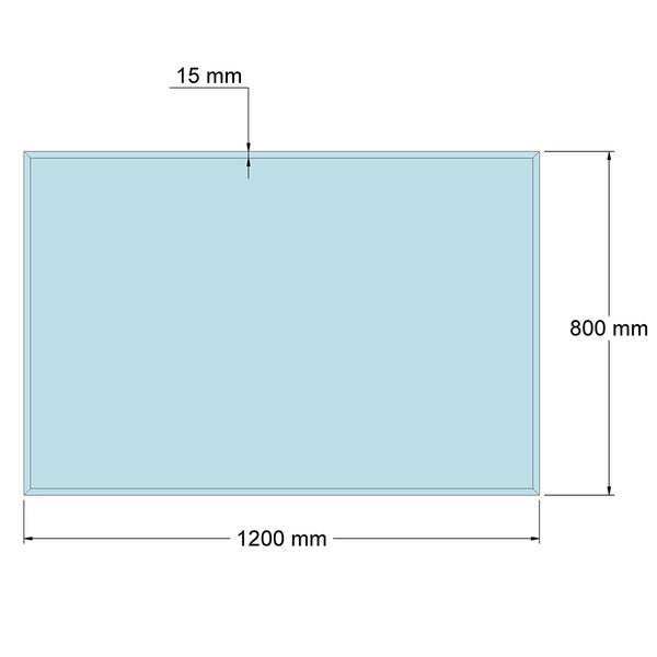 Maßzeichnung eines rechteckigen Spiegels mit einer Breite von 1200 Millimetern, einer Höhe von 800 Millimetern und einer Facette von 15 Millimetern.