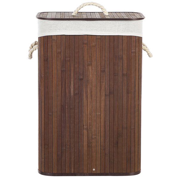 Wäschekorb aus dunklen Bambuslamellen mit herausnehmbarem Stoffeinsatz und Seilgriffen an Deckel und Seiten.