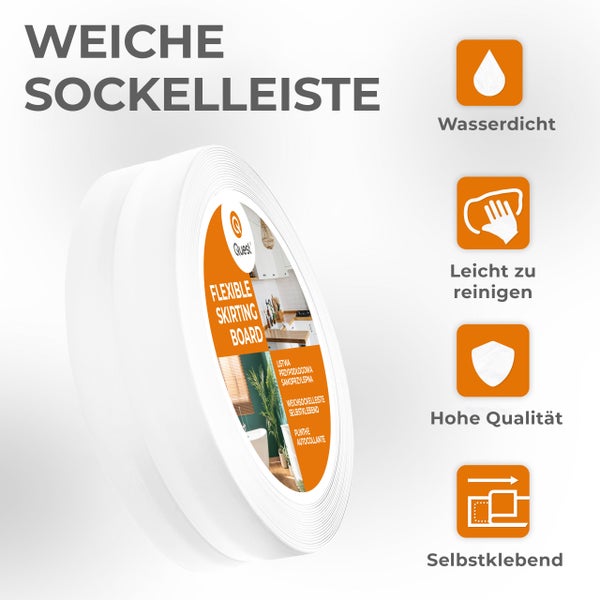 Rolle einer weißen, weichen, selbstklebenden Sockelleiste mit Symbolen für Wasserdichtigkeit, einfache Reinigung, hohe Qualität und Montage.