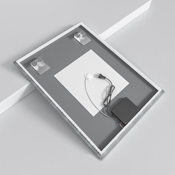 Rückansicht eines rechteckigen LED Wandspiegels mit Wandhalterungen und Stromkabel.