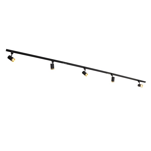 1-Phasen-Schienensystem mit 5 Spots schwarz mit Goldring - Jeana