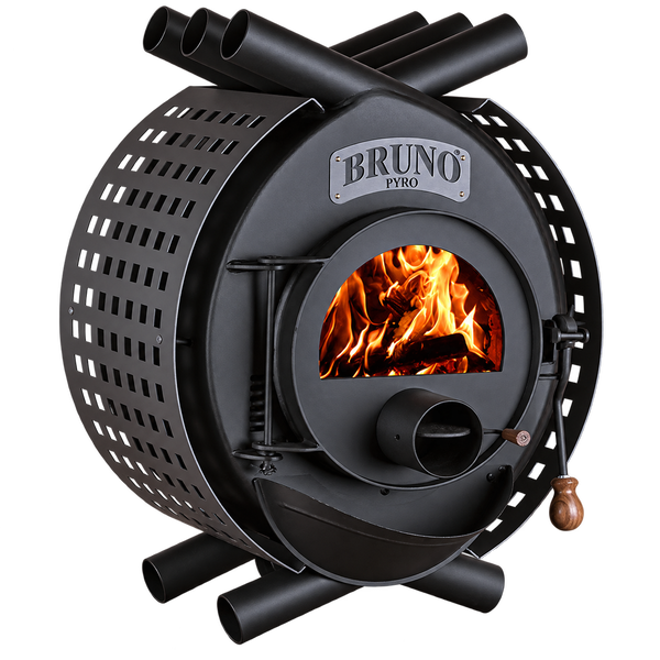 Bruno Pyro Warmluftofen aus Stahl mit Holzfeuerung und runder Sichtscheibe.