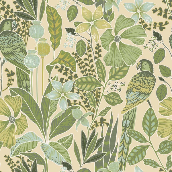ESTAhome Tapete tropischen Blumen und Paradiesvögeln Graugrün - 50 x 900 cm - 131157