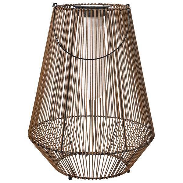 Solar-Laterne für den Außenbereich mit braunen Kunststoffstreben, weißem Diffusor und schwarzem Metallgriff.