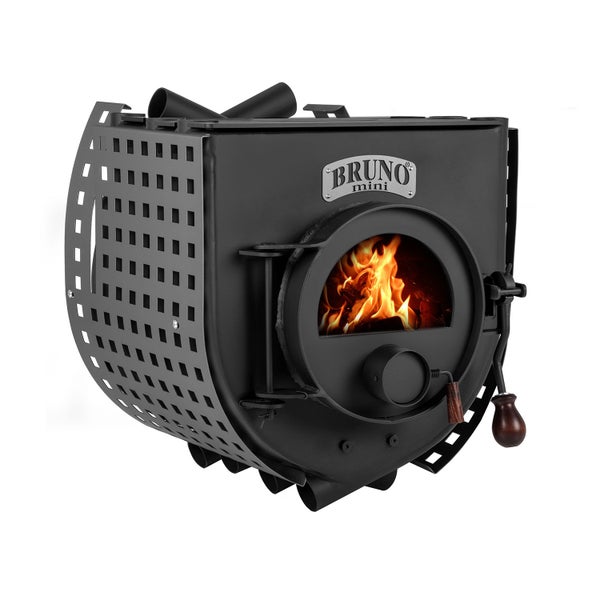 Bruno Mini Holzofen mit Schutzgitter und brennendem Feuer im Inneren