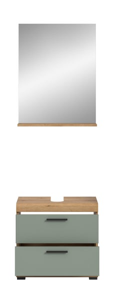 Badmöbel-Set bestehend aus einem Spiegel mit Holzablage und einem Waschbeckenunterschrank mit zwei olivgrünen Schubladen und schwarzen Griffen.