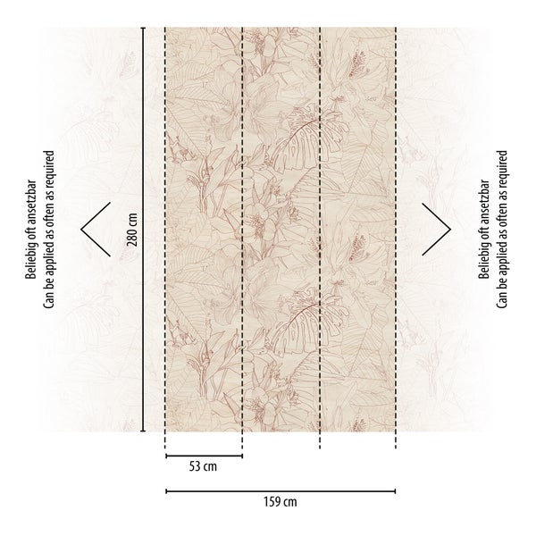 Schematische Darstellung Fototapete mit Blumenmuster, Höhe 280 Zentimeter, Bahnenbreite 53 Zentimeter, Gesamtbreite 159 Zentimeter, beliebig ansetzbar.