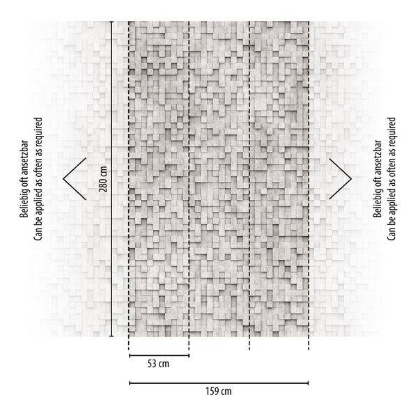 Tapete mit 3D-Struktur aus Quadern, Höhe 280 Zentimeter, Breite 159 Zentimeter, drei Bahnen von je 53 Zentimeter, beliebig oft ansetzbar.