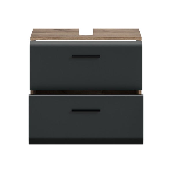 Waschbeckenunterschrank mit zwei Schubladen, schwarzen Griffen und einer Abdeckplatte in Holzoptik.