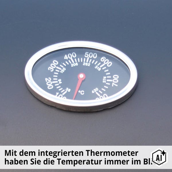 Integriertes Grillthermometer mit Temperaturanzeige in Grad Celsius auf dunklem Untergrund.