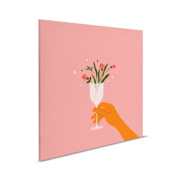 Leinwandbild mit einer Hand, die ein Glas mit Blumen hält