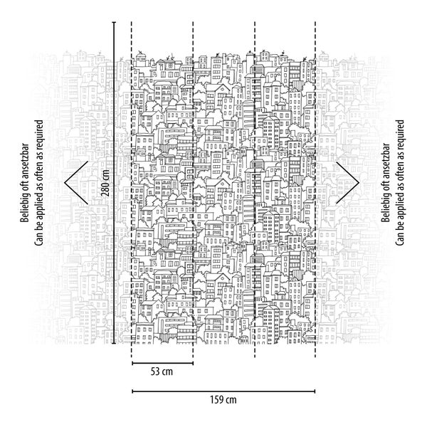Tapete mit Stadtmotiv, Maße 280 Zentimeter Höhe und 159 Zentimeter Gesamtbreite, beliebig oft ansetzbares Muster in Schwarz und Weiß.