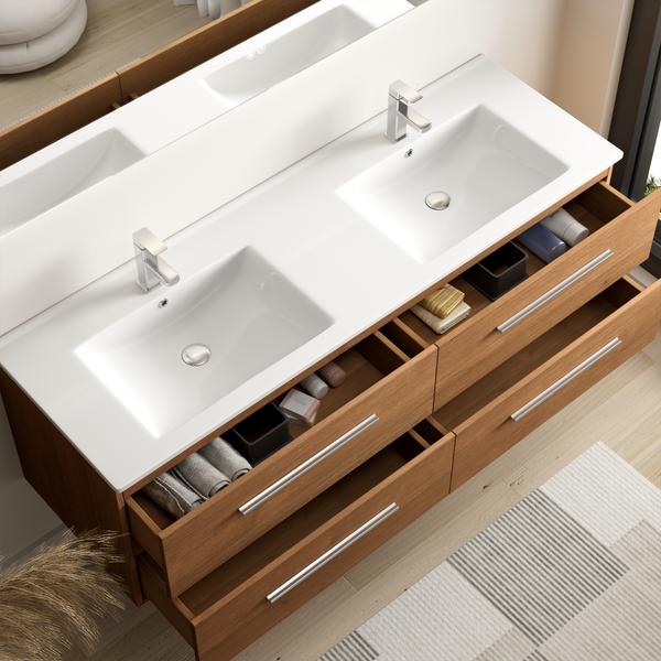 Doppelwaschtisch aus Holz mit zwei Waschbecken und Unterschrank mit offenen Schubladen für das Badezimmer.