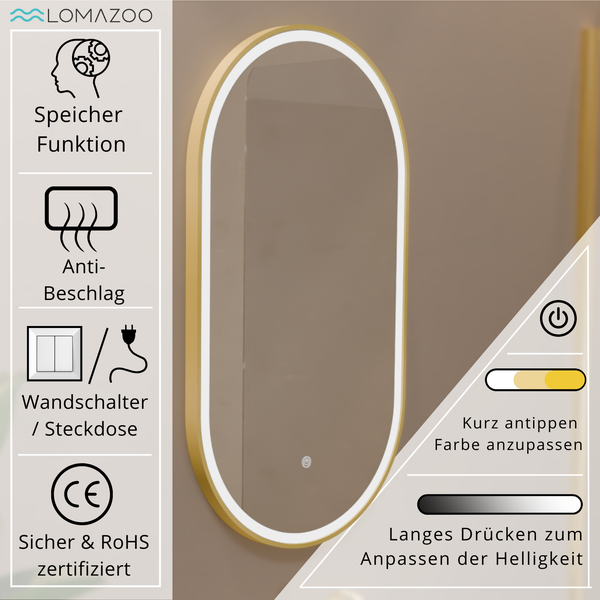Ovaler Badezimmerspiegel mit LED Beleuchtung, Speicherfunktion, Antibeschlag, Wandanschluss und dimmbarer Helligkeit von Lomazoo.