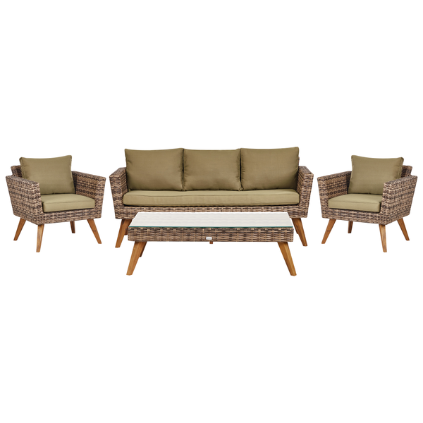 Gartenmöbelset mit Sofa, zwei Sesseln und Tisch mit Glasplatte