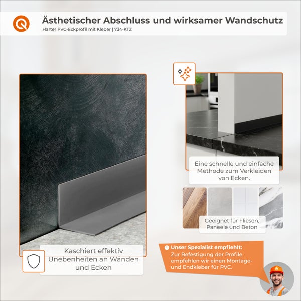 Quest Logo. Eckprofil aus Hart-PVC zum Schutz von Kanten und Kaschieren von Unebenheiten an Wänden, geeignet für Fliesen, Paneele und Beton.
