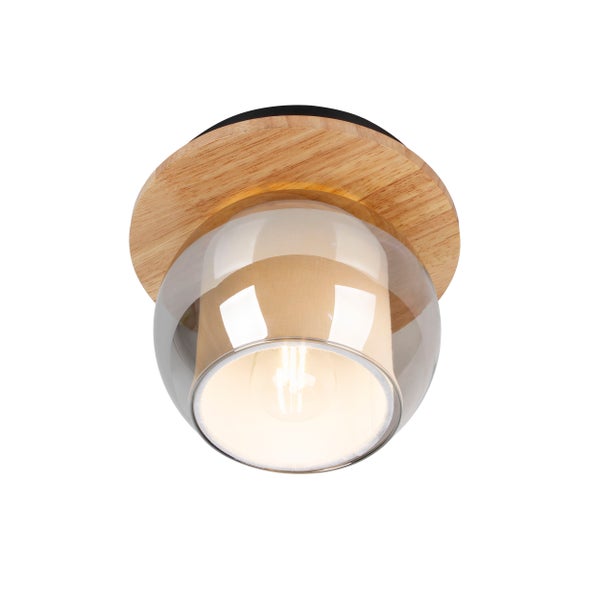 Deckenleuchte mit Holzsockel und Glasschirm