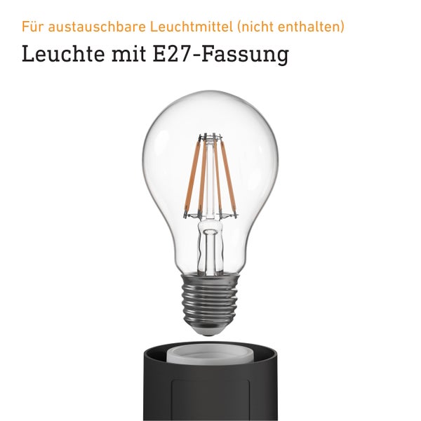Leuchte mit E27 Fassung für austauschbare Leuchtmittel, die nicht im Lieferumfang enthalten sind.