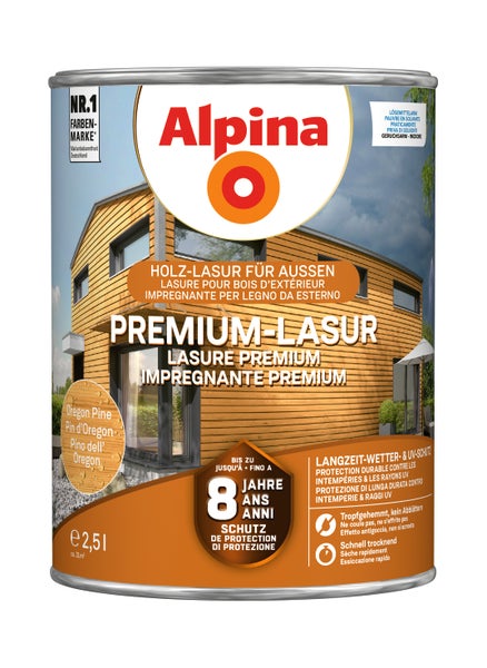 Alpina Premium Lasur Holzlasur für außen im Farbton Oregon Pine in 2,5 Liter Gebinde für dauerhaften Wetter- und UV-Schutz.