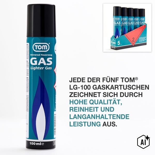 Fünfer Set TOM Universal Feuerzeuggas Gaskartuschen mit je einhundert Milliliter Inhalt für das Nachfüllen von Feuerzeugen.