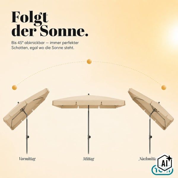 Knickbarer Sonnenschirm mit 45 Grad Neigungswinkel für ganztägigen Schatten, TOM Logo.