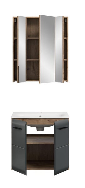 Badezimmermöbel Set mit Spiegelschrank in Holzoptik und Waschbeckenunterschrank mit anthrazitfarbenen Türen und weißem Keramikwaschbecken.