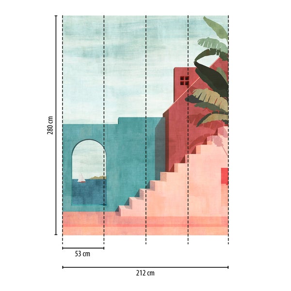 Illustrative Fototapete mit mediterraner Architektur und Meeresblick. Maße: 280 Zentimeter hoch, 212 Zentimeter breit, Bahnen 53 Zentimeter breit.