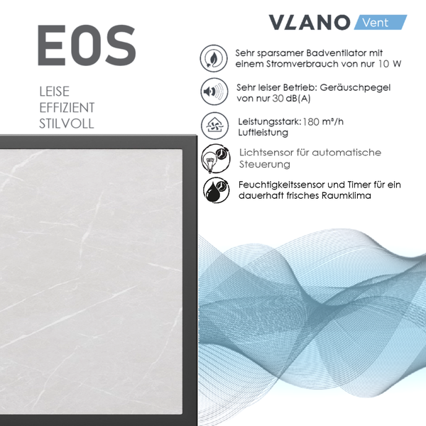 VlanO Badventilator EOS, Marmoroptik. 10 Watt, 30 Dezibel, 180 Kubikmeter pro Stunde, Licht- und Feuchtigkeitssensor, Timer.