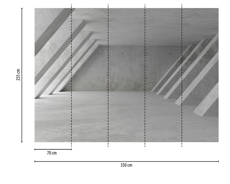 Fototapete in Betonoptik mit 3D-Architektur-Design, Maße 350 mal 255 Zentimeter, unterteilt in fünf Bahnen zu je 70 Zentimeter.