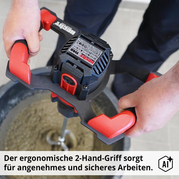 Elektrisches Handrührgerät Hecht 1140 mit ergonomischem Zweihandgriff beim Anmischen von Baustoffen in einem Eimer.