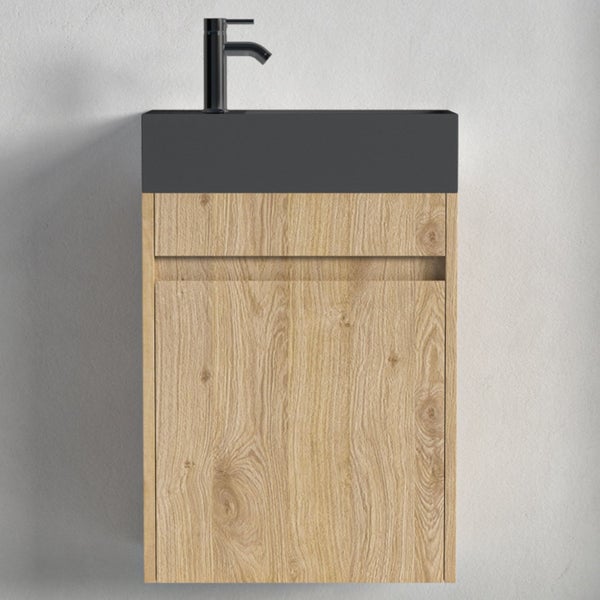 Hängender Waschtischunterschrank mit Waschbecken und Armatur im Holzdekor Design für das Badezimmer