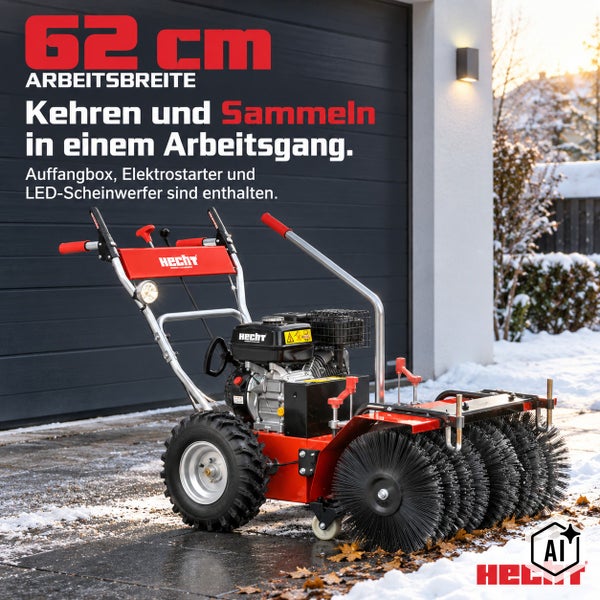 Hecht Kehrmaschine mit 62 Zentimeter Arbeitsbreite, Elektro-Starter, LED-Scheinwerfer und Auffangbehälter vor einer Garage im Winter.