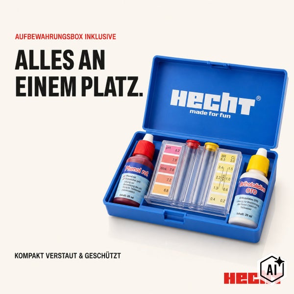 Hecht Poolwasser Testset in Aufbewahrungsbox mit Phenol Rot und Orthotolidine Testlösungen zur Messung von pH und Chlor Werten.