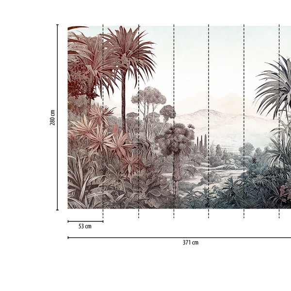 Vlies-Fototapete mit tropischer Landschaft und Palmen, Maße 371 mal 280 Zentimeter, einzelne Bahnen 53 Zentimeter breit.
