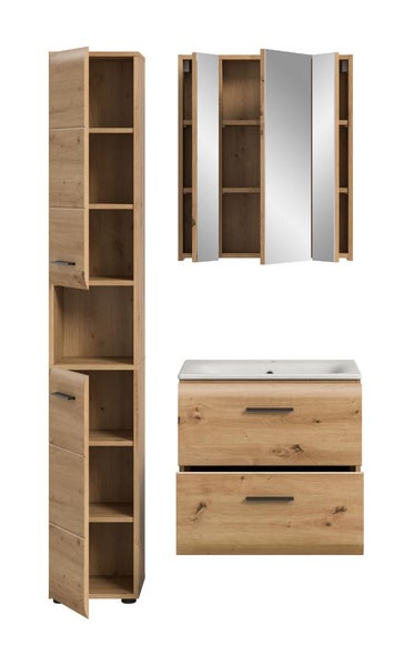 Badezimmermöbel-Set in Eichenoptik mit Hochschrank, Spiegelschrank und Waschbeckenunterschrank inklusive Keramikwaschbecken