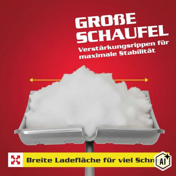 Schneeschaufel mit breiter Ladefläche und Verstärkungsrippen für hohe Stabilität.