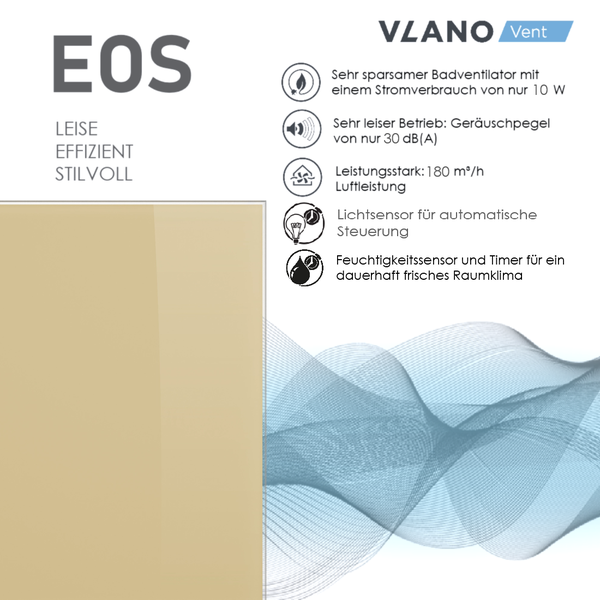 Vlano Vent Logo. Badventilator EOS mit 10 Watt, 30 Dezibel, 180 Kubikmeter pro Stunde Luftleistung, Lichtsensor, Feuchtigkeitssensor und Timer.