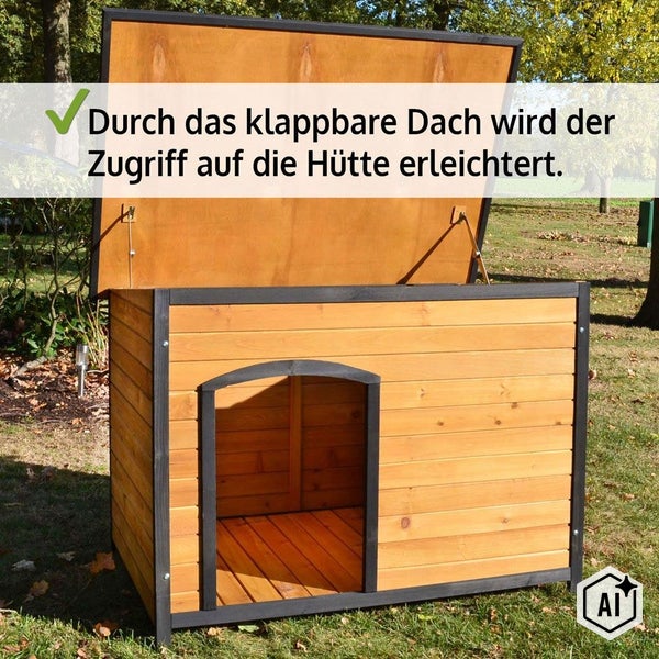 Hölzerne Hundehütte mit aufklappbarem Dach für einfachen Zugang