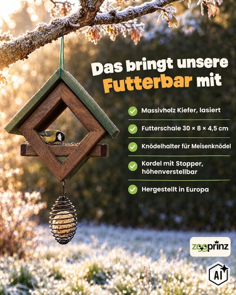 Vogelhaus aus lasiertem Kiefer Massivholz mit Futterschale, Knödelhalter und höhenverstellbarer Kordel, aufgehängt an einem Ast im Garten.