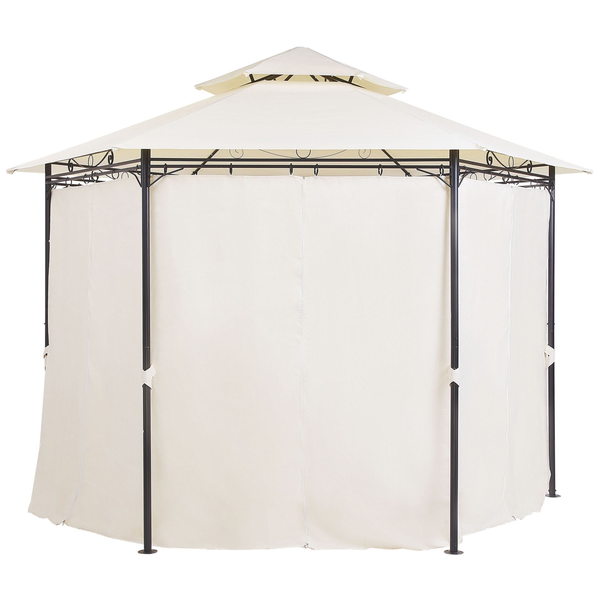 Unterseite eines Sonnenschirms mit schwarzem Metallgestänge und hellem Stoff.