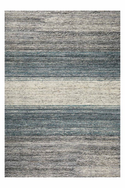 Rechteckiger gewebter Teppich mit horizontalem Streifenmuster in Grau, Blau und Creme mit melierter Textur.
