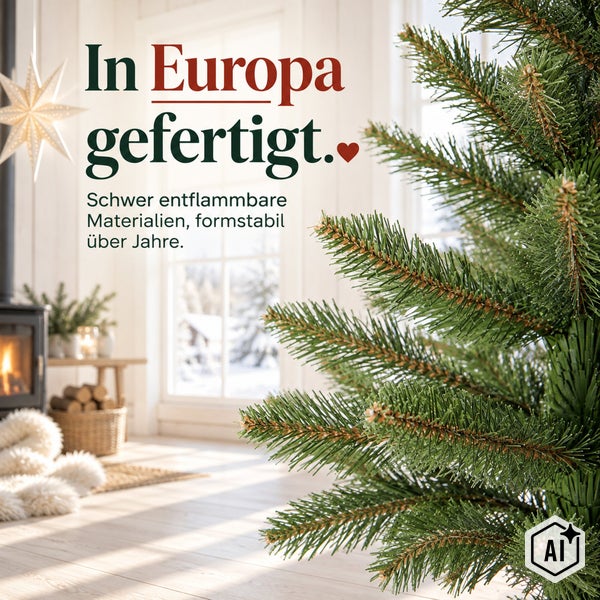 Künstlicher Weihnachtsbaum aus in Europa gefertigten schwer entflammbaren Materialien für langfristige Formstabilität.