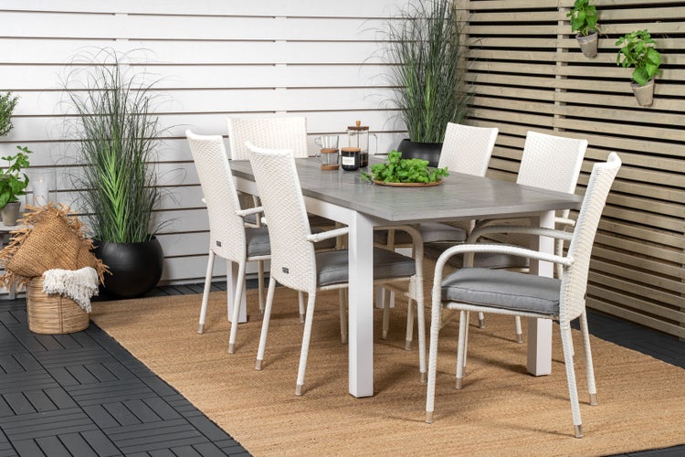 Albany Gartenset Tisch 90x152/210cm und 6 Stühle Anna weiß, grau, cremefarben.