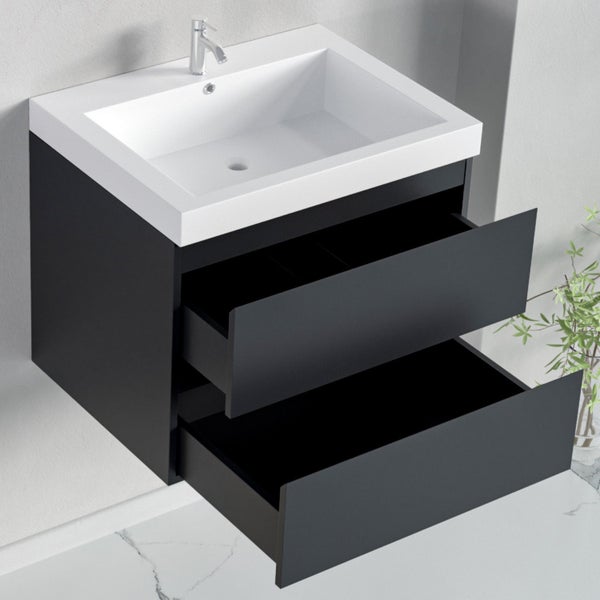 Modernes Badmöbel-Set: weißes Aufsatzwaschbecken auf schwarzem Wand-Unterschrank mit zwei geöffneten Schubladen.